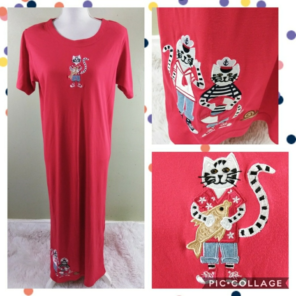 Red Maxi T-shirt Dress with Nautical Cat Appliques
